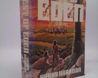 May include: A book cover with a sunset background and the title "West of Eden" in large, stylized letters. The author, Harry Harrison, is printed below the title.