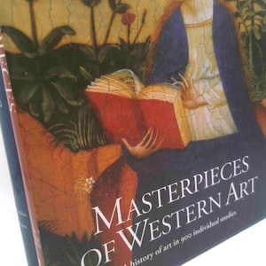 May include: A book titled "Masterpieces of Western Art" with a detailed illustration on the cover. The cover art features a person holding a red book, with text in white. The book is a history of art in 900 individual studies.