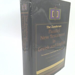 May include: A hardcover book titled "The Zondervan Parallel New Testament in Greek and English." The book has a black cover with gold lettering and a multi-colored stripe design. The book is wrapped in plastic.