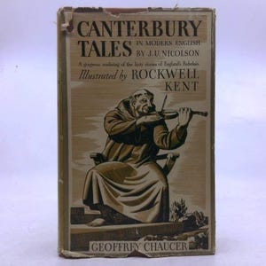 May include: A vintage book titled "Canterbury Tales" in English. The cover features an illustration of a man playing a violin. The book is illustrated by Rockwell Kent and written by Geoffrey Chaucer.