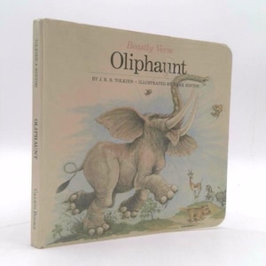 May include: A vintage children's book titled "Beastly Verse Oliphaunt" by J.R.R. Tolkien, illustrated by Hank Hinton. The cover features a colorful illustration of an elephant with a long trunk, running through a field with other animals.