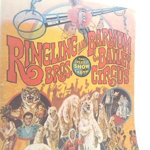 May include: Vintage circus poster for Ringling Bros. and Barnum & Bailey Circus. The poster features a tiger, bears, and performers. Text includes "The Greatest Show on Earth."