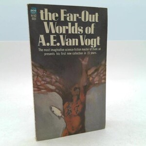 May include: Vintage paperback book titled "the Far-Out Worlds of A.E. Van Vogt." The cover features a dark background with the title in white and a stylized illustration of a figure with outstretched arms. The book is a science fiction collection.