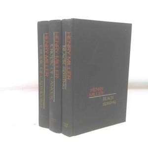 May include: A collection of four hardcover books by Henry Miller. The books are bound in black with titles and author names in red and white. Titles include "Black Spring", "Tropic of Cancer", and "Tropic of Capricorn".