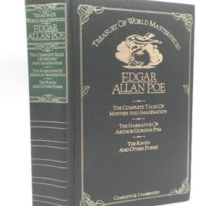 May include: A hardcover book titled "Treasury of World Masterpieces" featuring the works of Edgar Allan Poe. The book has a dark green cover with gold lettering and decorative accents. Titles include "The Complete Tales of Mystery and Imagination."