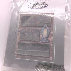 May include: A silver and blue NASCAR trading card featuring a picture of a race car and a street lamp. The card is in a plastic sleeve and has the text "Official Program" and "Brickyard 400" on it.