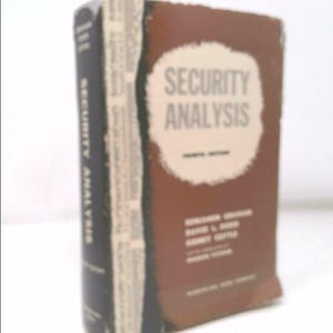 May include: A hardcover book titled "SECURITY ANALYSIS" with a brown cover and white text. The book's spine is dark blue with white text. The book is slightly angled, showcasing its cover and spine.