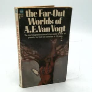 May include: A vintage paperback book titled "The Far-Out Worlds of A.E. Van Vogt." The cover features a dark background with the title in white and a stylized illustration of a figure and a tree. The spine shows the title.