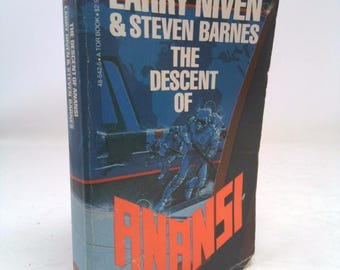 May include: A blue and red paperback book with the title "The Descent of Anansi" by Larry Niven and Steven Barnes. The book cover features a futuristic illustration of a spaceship and a figure in a spacesuit.