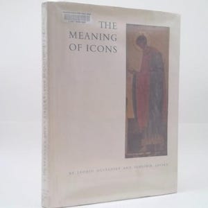 May include: A book titled "The Meaning of Icons" with a beige cover. The cover features an image of a religious figure in red, blue, and gold. The book is wrapped in clear plastic.