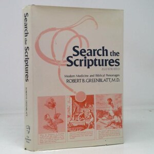 May include: A hardcover book titled "Search the Scriptures" with illustrations. The cover is off-white with pink and black text and graphics. The book's spine reads "Search the Scriptures" vertically. The book's subtitle is "Modern Medicine and Biblical Personages".