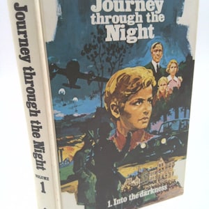 May include: A book cover with a blue background and a picture of a young person looking up. The title of the book is "Journey through the Night" and the author is Anne DeVries. The book is volume 1 and the subtitle is "Into the darkness".