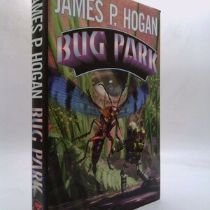 May include: A book cover with a green, blue, and red insect on it. The book title is "Bug Park" by James P. Hogan.