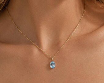 Sky Blue Topaz Necklace, S925 Sterling Silver Pendant Necklace, Minimalist Dainty Choker, Blue Gemstone Necklace, Gift for Her