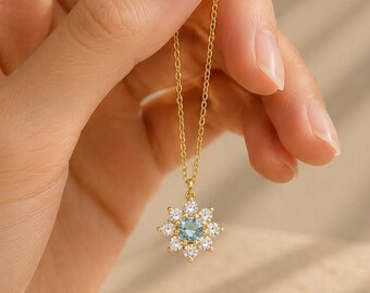 Dainty Flower Necklace, Floral CZ Pendant Necklace, S925 Sterling Silver 14K Gold Plated Necklace, Minimalist Layering Jewelry, Gift for Her