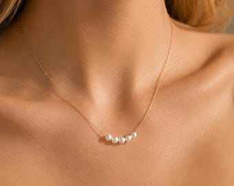Natural Freshwater Pearl Necklace, S925 Sterling Silver Adjustable Sliding Bead Pearl Choker, Dainty Minimalist Jewelry Gift for Her