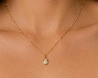 Opal Necklace, Pear Sterling Silver Necklace, S925 Teardrop Pendant Necklace, Dainty Layering Necklace, Gift for Her