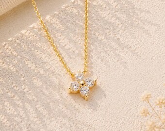 S925 Sterling Silver Flower Necklace, 14K Gold Plated CZ Pendant Necklace, Dainty Floral Necklace, Minimalist Layering Jewelry Gift for Her