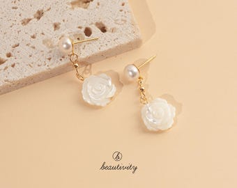 Freshwater Pearl Rose Stud Earrings • 14k Gold-Plated