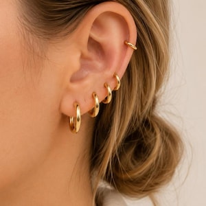 925 Sterling Silver Multi Hole Hoop Earrings, Faux Multiple Piercing Huggie Hoops, Triple Hoop Ear Stack Earrings