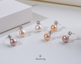 Freshwater Pearl Stud Earrings • 925 Sterling Silver, 8mm