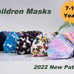 May include: A variety of colorful children's face masks with different patterns, including animal prints, butterflies, and mermaids. The masks are arranged in a row and are all made of fabric. The text "Children Masks" and "7-12 Years" is visible in the image. The text "2022 New Pattern" is also visible at the bottom of the image.