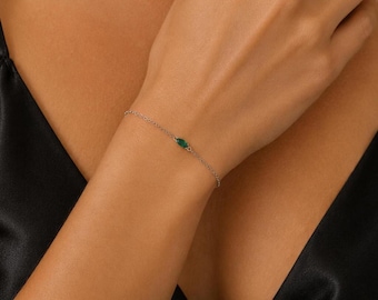 S925 Sterling Silver Gold Plated Green CZ Bracelet, Minimalist Dainty Adjustable Bracelet 6.3+1.2 inch, Layering Jewelry Gift for Her