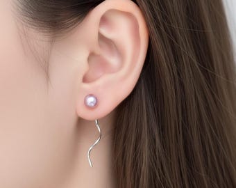 Light Purple Freshwater Pearl Wave Earrings • Sterling Silver Threaders