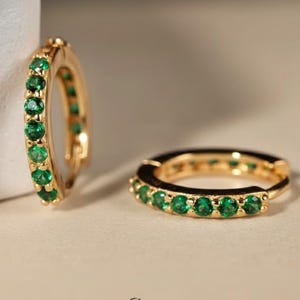Sterling Silver Green Zircon Huggie Hoop Earrings • Gold-Plated