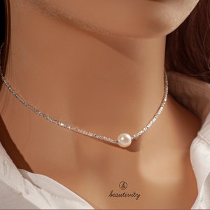 Minimalist Freshwater Pearl Necklace • 925 Sterling Silver Necklace • Bridal Jewelry • Pearl Choker • Wedding Bridesmaids Gift (H059）