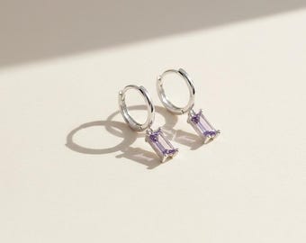 Purple Wedding Earrings, Baguette Lavender Zircon Huggies in Sterling Silver, Dainty Bridal Hoops