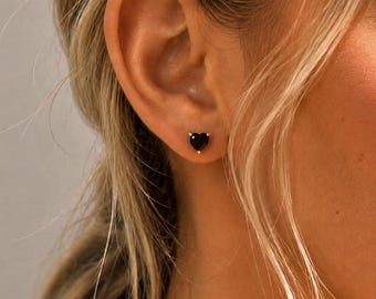 Heart Cubic Zirconia Stud Earrings S925 Sterling Silver, Clear Black Heart Earrings Gold Silver, 6mm Minimalist Dainty Studs Gift for Her