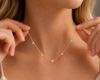 Three Stone CZ Necklace, S925 Sterling Silver 14K Gold Plated Necklace, Dainty Layering Necklace, Minimalist Everyday Jewelry, Gift for Her