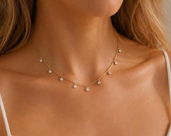 S925 Sterling Silver CZ Dangle Necklace, 14K Gold Plated Station Necklace, Dainty Layering Choker, Minimalist Bridal Jewelry Gift for Her