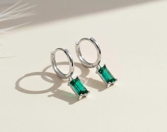 Green Zircon Huggie Earrings, 925 Sterling Silver, Dainty Gemstone Drops