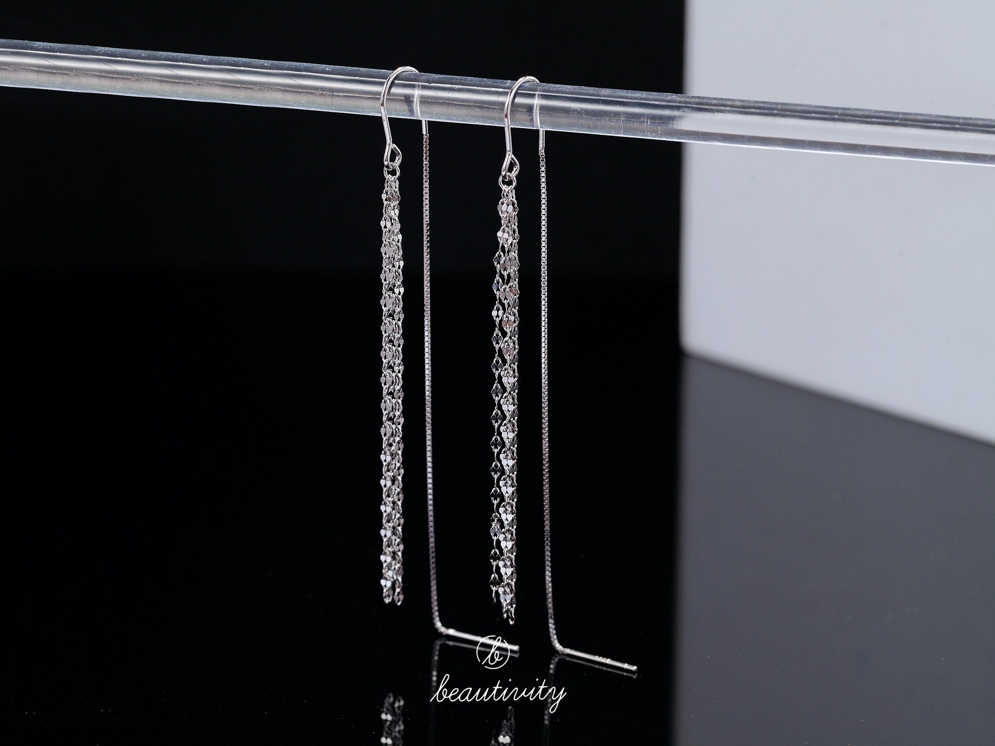 Handmade 925 Silver Plated Waterdrop Blue CZ Threader Dangle Drop Earrings