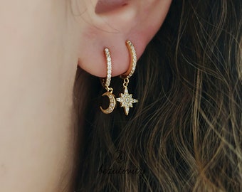 Sterling Silver Moon and Star Hoop Earrings • Gold-Plated Huggies