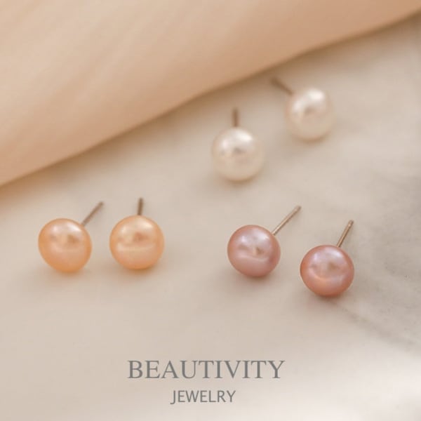 White Orange and Purple Pearl Stud Earrings • 925 Sterling Silver Stud Earrings • Everyday Earrings• Pearl Jewelry •Bridesmaid gift