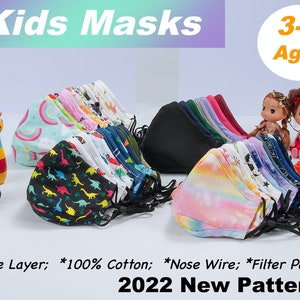 3-7 Years old Kids Face Masks Reusable, with Two Filters, 100% Cotton, Triple layer, Washable, Adjustable Nose Wire, Adjustable Ear Loops