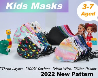 Mascarillas para niños de 3 a 7 años, reutilizables, con dos filtros, 100 % algodón, triple capa, lavables, alambre ajustable para la nariz, bucles ajustables para las orejas
