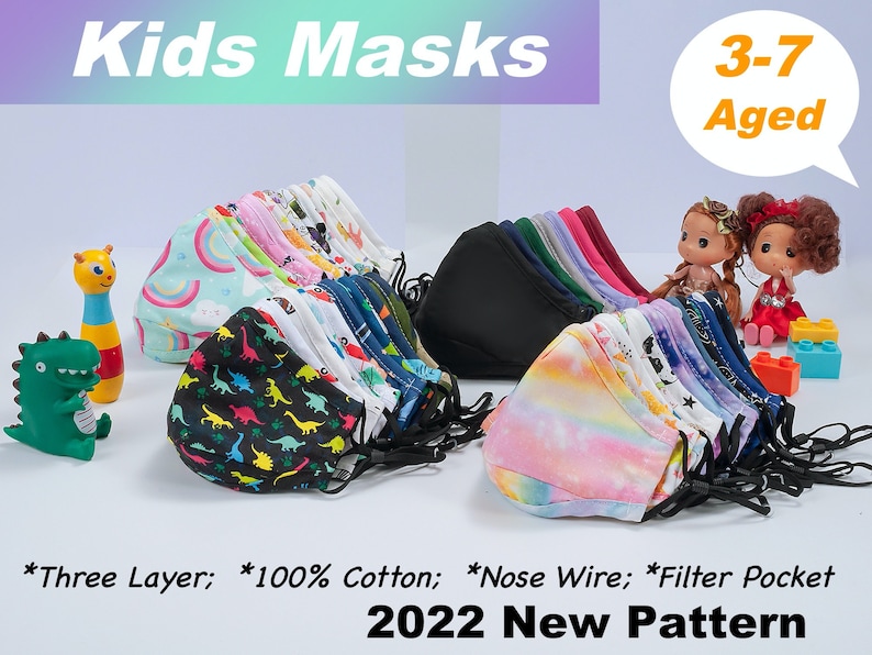 3-8 Years old Kids Face Masks Reusable, with Two Filters, 100% Cotton, Triple layer, Washable, Adjustable Nose Wire, Adjustable Ear Loops 