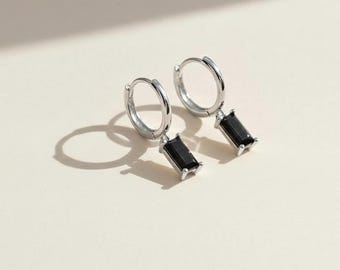 Black Zircon Hoop Earrings, 925 Sterling Silver Huggies, Minimalist Jewelry