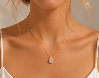 Teardrop CZ Necklace, S925 Sterling Silver Necklace, Dainty Layering Necklace, Minimalist Pendant Necklace, Gift for Her