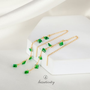 Elegant 925 Silver Green Zircon Threader Earrings - Handmade Jewelry