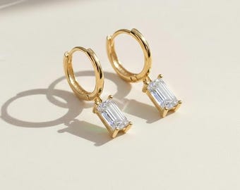 Gold Rectangular Huggie Earrings, White Zircon, Sterling Silver