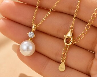 Natural Pearl Necklace, S925 Sterling Silver Pendant Necklace, Dainty Pearl Necklace, CZ Pearl Pendant, Layering Necklace, Gift for Her