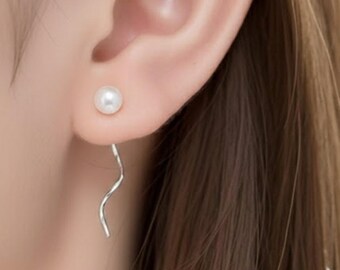 Freshwater Pearl Wave Earrings • Sterling Silver Threaders