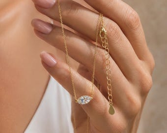 Marquise CZ Pendant Necklace, S925 Sterling Silver Necklace, 14K Gold Plated Necklace, Dainty Layering Necklace, Minimalist Gift for Her
