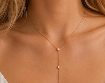 Y Necklace, S925 Sterling Silver Lariat Necklace, CZ Tassel Necklace, Dainty Layering Necklace, Gift for Her