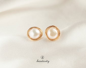 Freshwater Pearl Stud Earrings • 18k Gold Plated, 925 Silver Pins